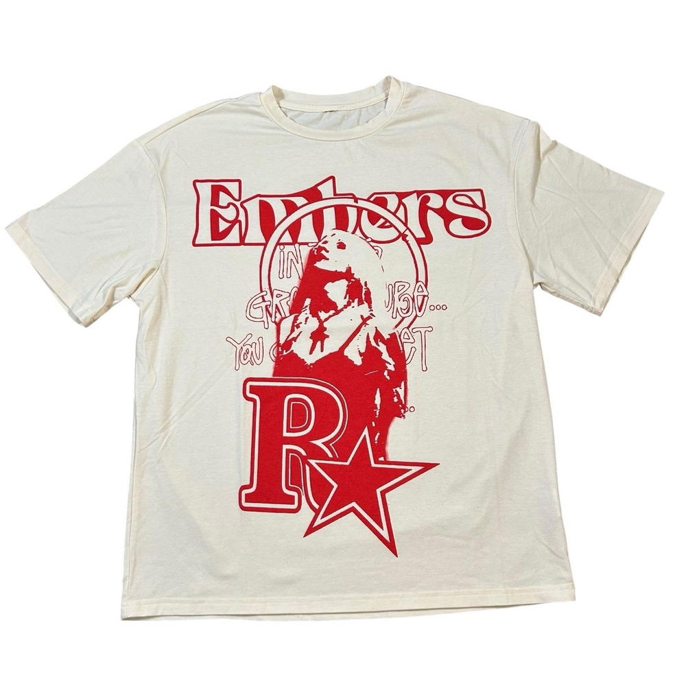 Romwe White Embers Letter Print Crew‎ Neck Tee T-shirt Size Large Emo